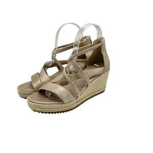 Eileen Fisher Wanda Wedge Espadrille Platform Sandals Size 7 Metallic Tan Suede